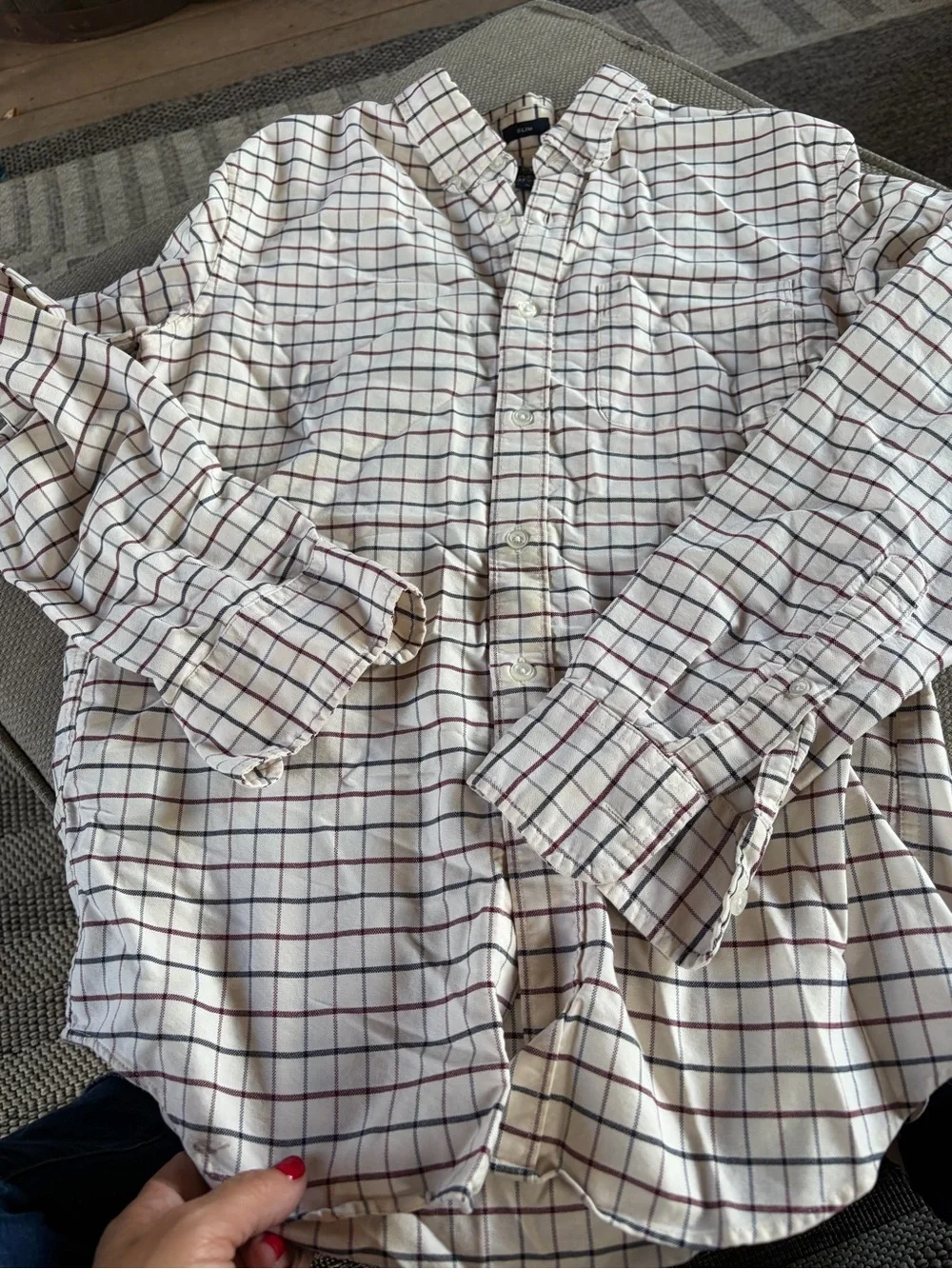 J. Crew Cream Button-Down Shirt with Navy & Burgundy Windowpane